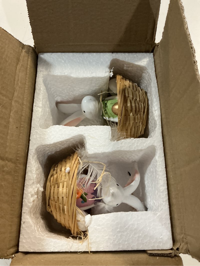 Condition photo showing New/Like New for easter bunny resin decor set of 2 – cute rabbit figurines in basket with eggs, spring easter table decorations for home, farmhouse, office & party centerpiece tiered tray shelf mantel