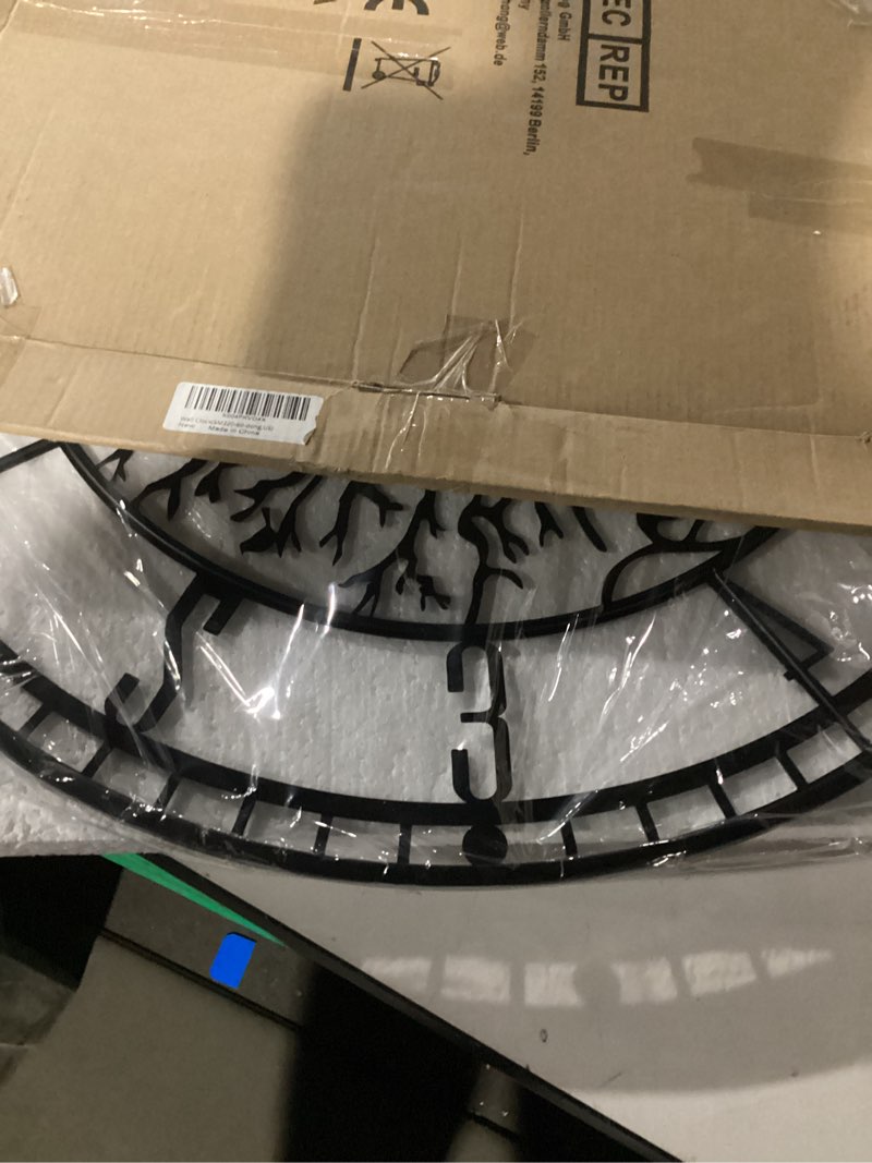 Condition photo showing Good Condition for Tree of Life Wall Clock, 24inch Black Metal Wall Clock, Silent Quartz Movement, Modern Home Decor