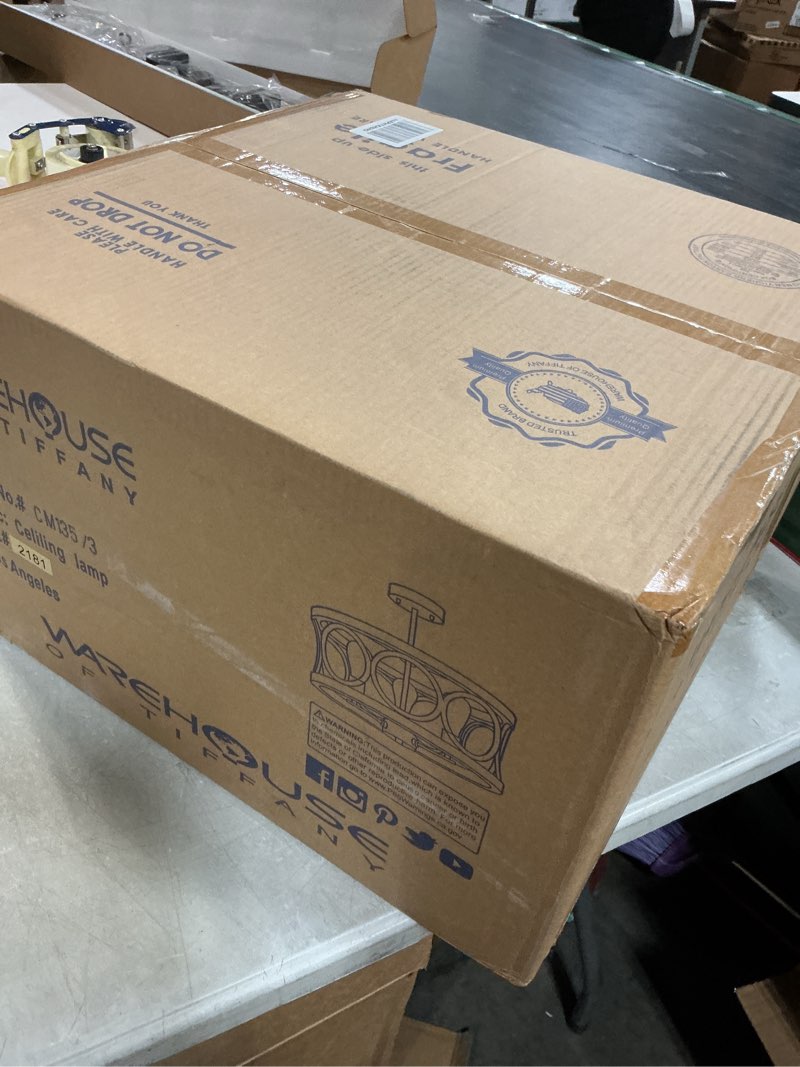 Condition photo showing New/Like New for Shacer Matte Black/Imitation Wood Grain 3-Light Chandelier