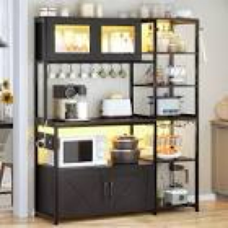 Farmhouse Bakers Rack with Power Outlet and LED Light, Microwave Stand Coffee Bar Cabinet on Wheels Base Color: Black