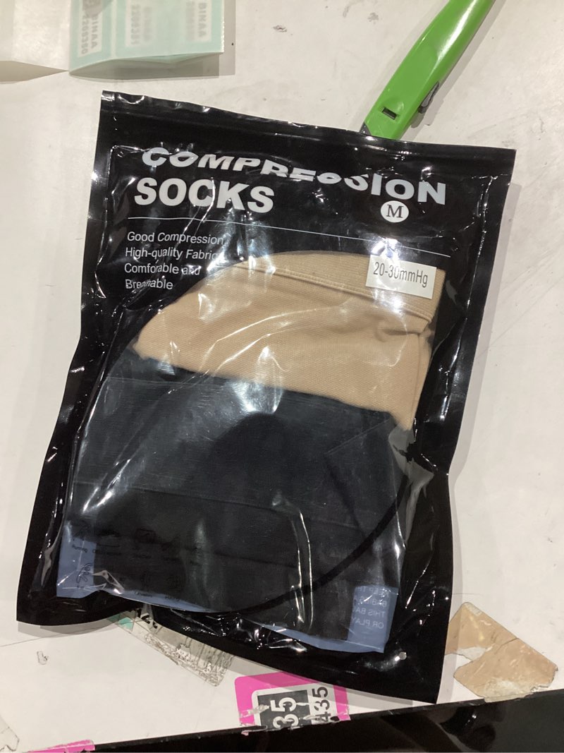 Condition photo showing Good Condition for 2 Pairs Compression Stockings for Women & Men, 20-30mmHg Thigh High Compression Socks, Open Toe Medical Compression Socks with Silicone Dot Band-Best Support for Nursing Sports Varicose Veins Open Toe--black and Beige Medium