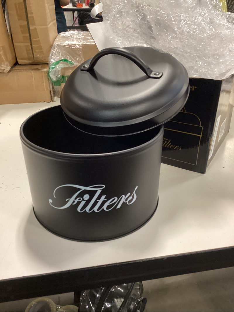 Condition photo showing New/Like New for black basket coffee filter holder with lid - round container for counter storage - rustic farmhouse bar accessories decor