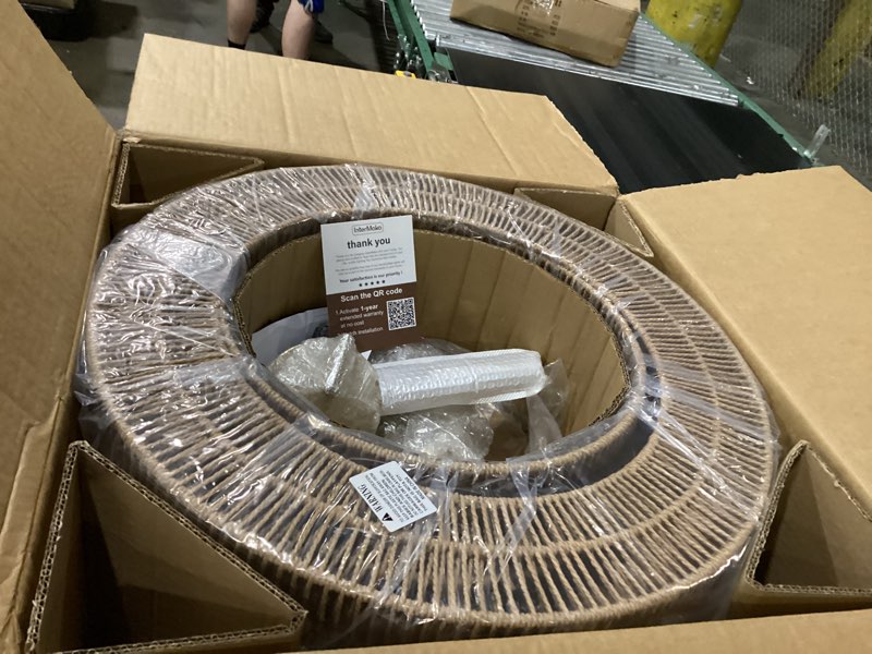 Condition photo showing New/Like New for 24” boho large rattan chandelier light fixture,6-light large hand woven pendant light fixture farmhouse rustic chandeliers for kitchen bedroom, dining room, living room, hallway, foyer