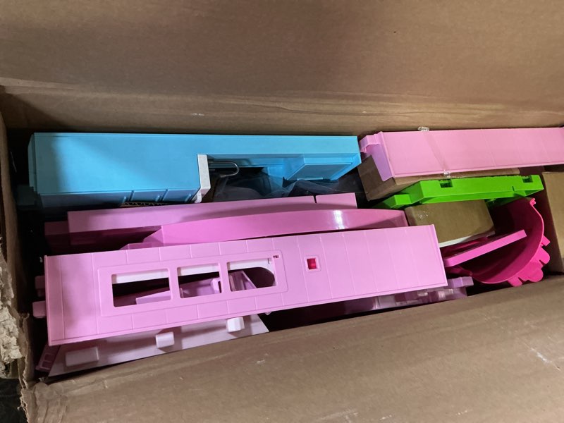 Condition photo showing New/Like New for barbie dreamhouse, pool party doll house with 75+ pieces and 3-story slide, house playset, pet elevator and puppy play areas
