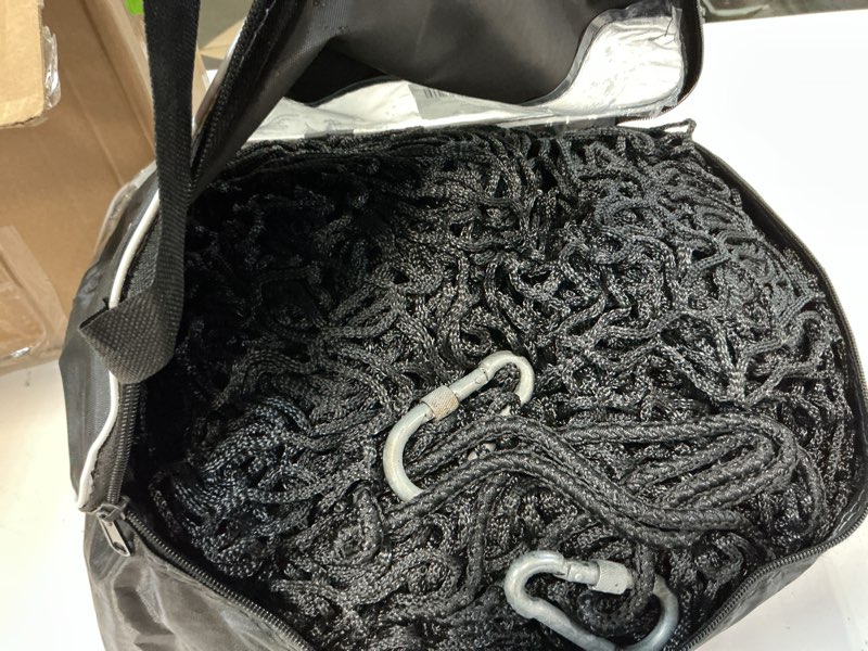 Condition photo showing As Is for Climbing Net for Kids - 9.9FT x 9.9FT Double Layers Heavy Duty Playground Safety Net, Climbing Cargo Net for Tree House Tree Fort, Back Yard, Jungle Gyms, Monkey Bar Security Mesh?Black? Black 9.9' x 9.9'