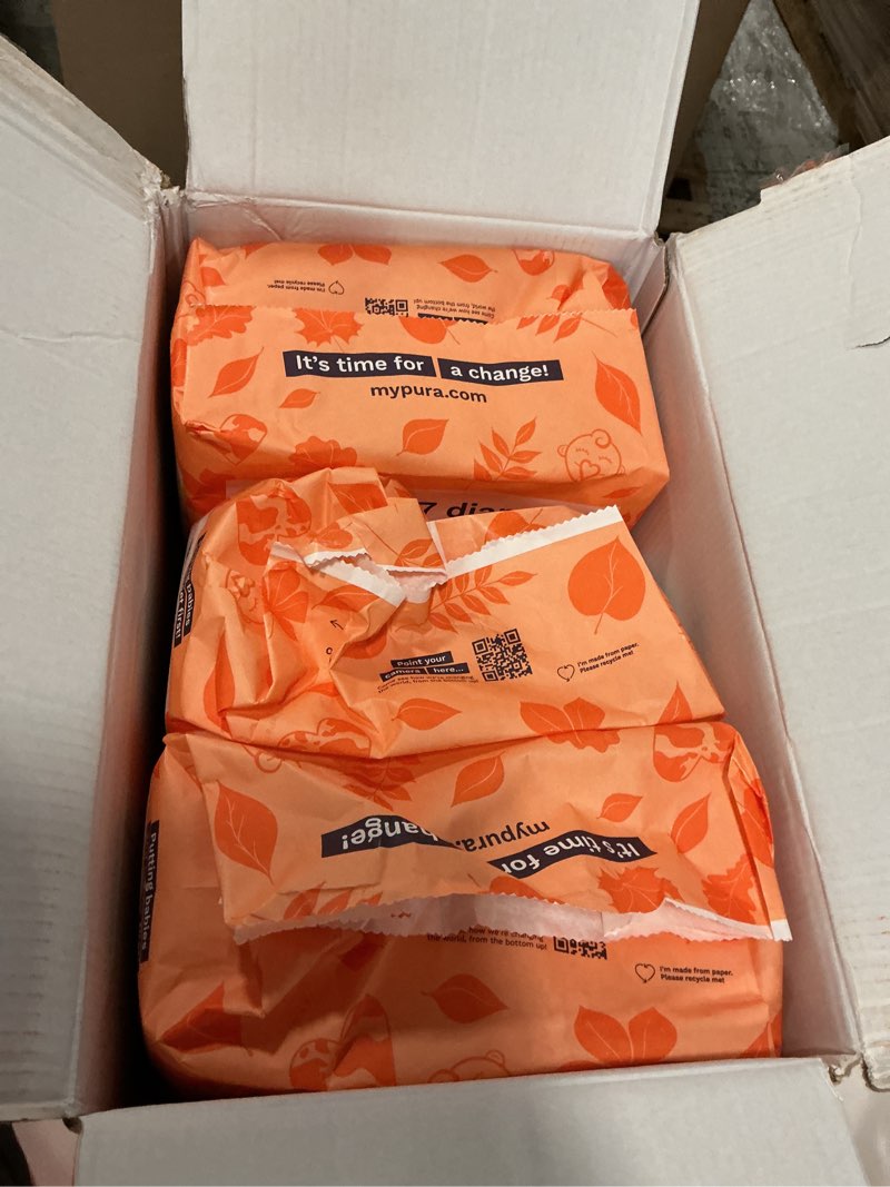 Condition photo showing Good Condition for pura size 7 eco-friendly diapers (33+lbs) hypoallergenic, tcf, soft organic cotton, sustainable, up to 12 hours leak protection, allergy uk, recyclable paper packaging, 6 packs of 17 (102 diapers) size 7 (102 diapers)