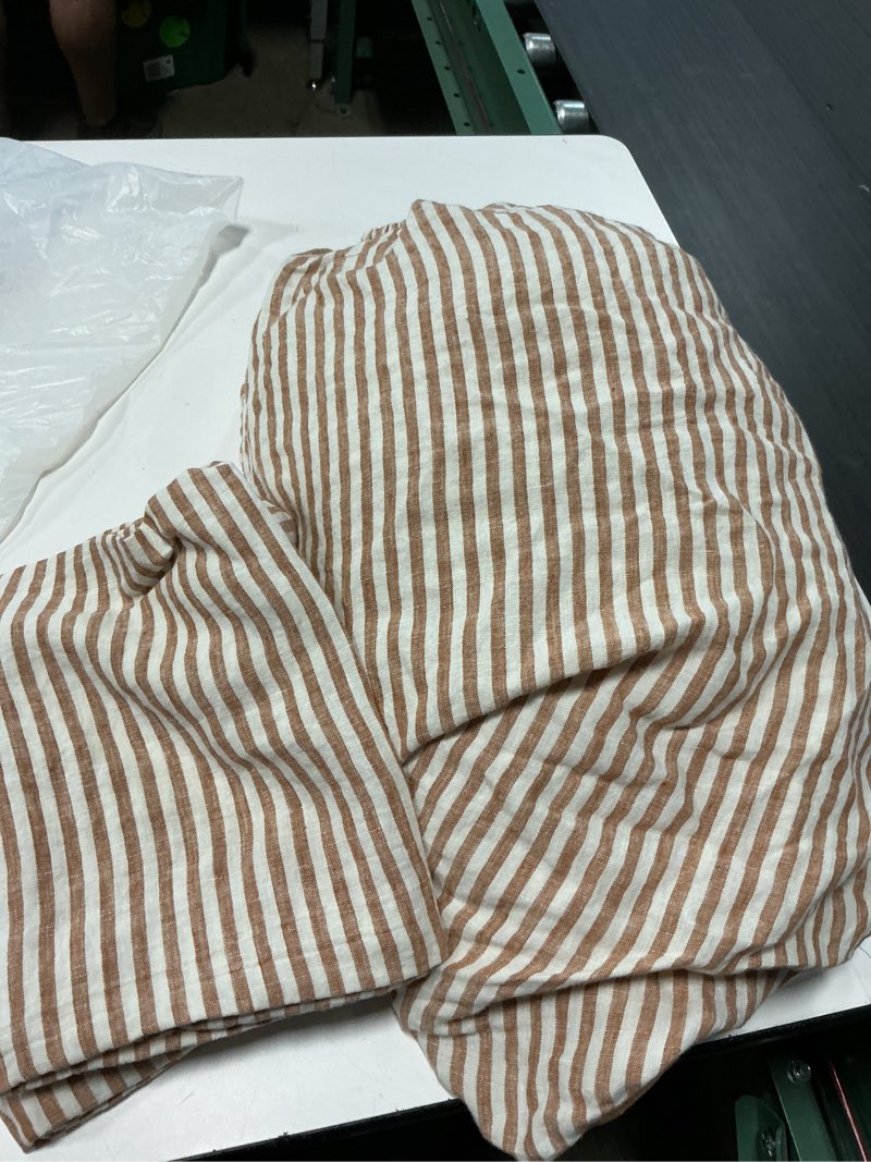 Condition photo showing As Is for european linen stripe fitted sheet set, queen, terracotta/white stripe