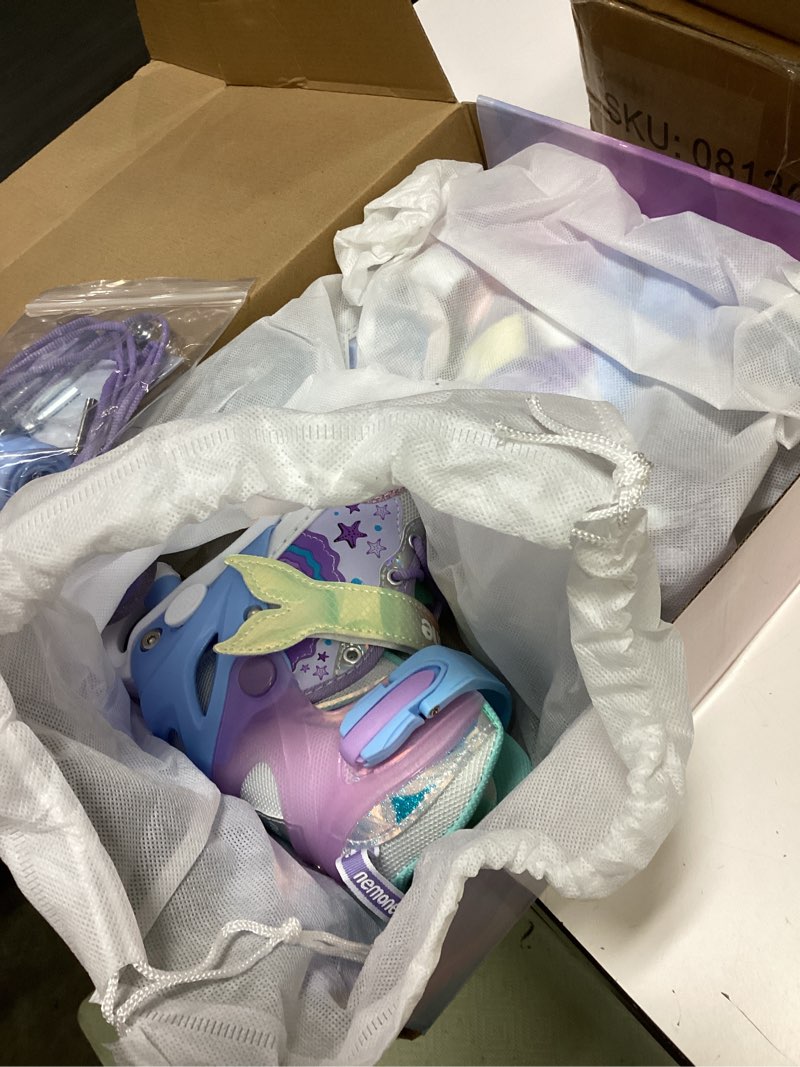 Condition photo showing New/Like New for nemone mermaid 4 size adjustable light up roller skates for girls, purple blue skates for toddlers, beginner kids butterfly roller skates indoor outdoor a- mermaid - blue purple small - little kid