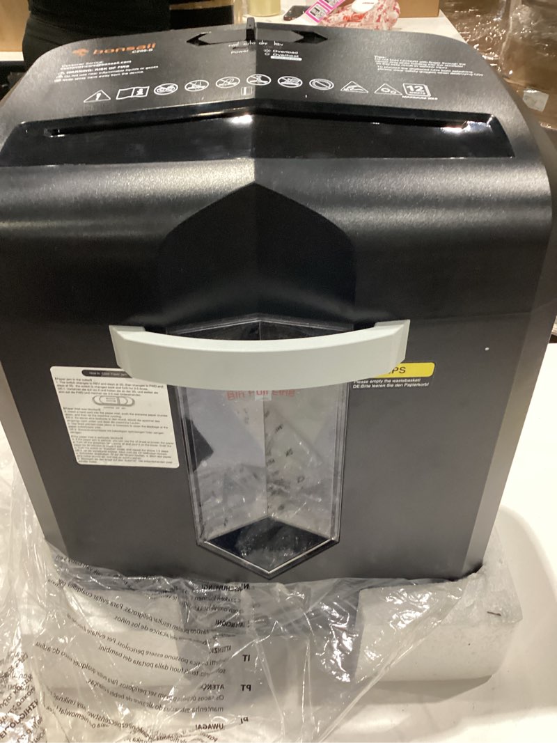 Condition photo showing Good Condition for bonsaii 12-sheet micro cut shredders for home office, 60 minute p-4 security level paper shredder for cd, credit card, mails, staple, clip, with jam-proof system & 4.2 gal pullout bin c266-b 12 sheet-6 0mins