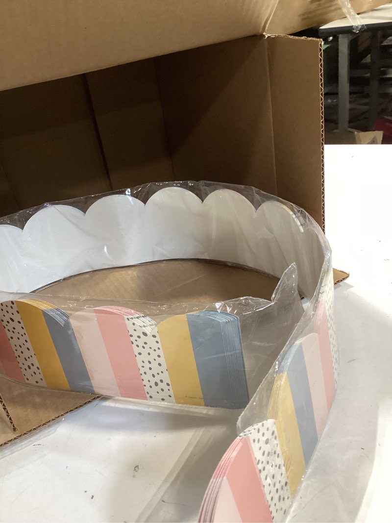 Condition photo showing Good Condition for carson dellosa we belong neutral stripes bulletin board borders, 39 feet of scalloped boho striped classroom borders for bulletin board, white board, cork board, and neutral classroom décor