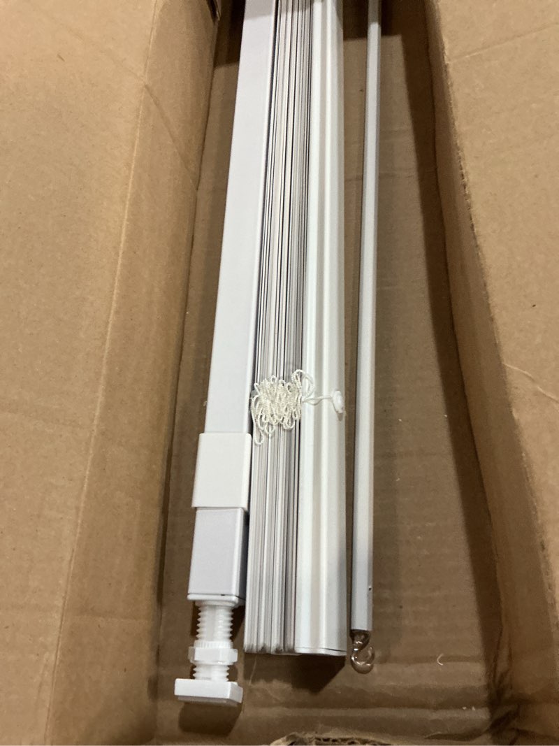 Condition photo showing As Is for lazblinds no tools no drill 1" vinyl mini blinds, cordless blinds for windows, light filtering horizontal window blinds & shades, 43" w x 48" h, white cordless-white 43" w x 48" h