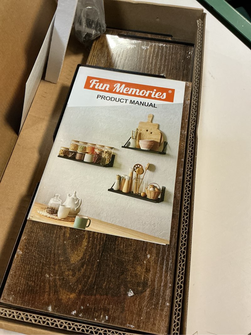 Condition photo showing New/Like New for fun memories floating shelves wall mounted set of 3, rustic wood wall shelves for bedroom/bathroom/living room/kitchen/laundry room storage & decoration, rustic brown