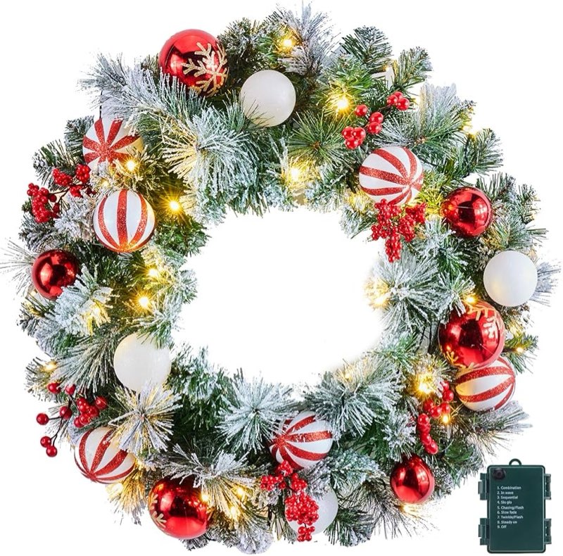 christmas wreath 24-inch with 50 led warm white lights, holiday door decor featuring ornaments, pine