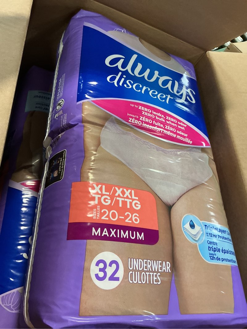 Condition photo showing New/Like New for always discreet adult incontinence underwear for women and postpartum underwear, extra large, up to 100% bladder leak protection, 64 count (2 packs of 32) x-large 64