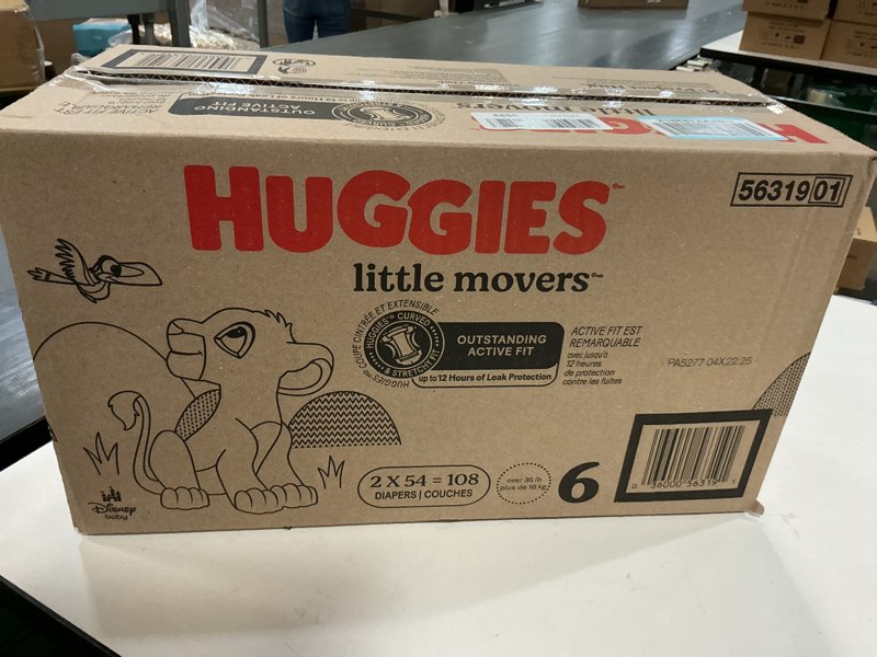 Condition photo showing New/Like New for Huggies Size 6 Diapers, Little Movers Baby Diapers, Size 6 (35+ lbs), 108 Count (2 Packs of 54), Packaging May Vary
