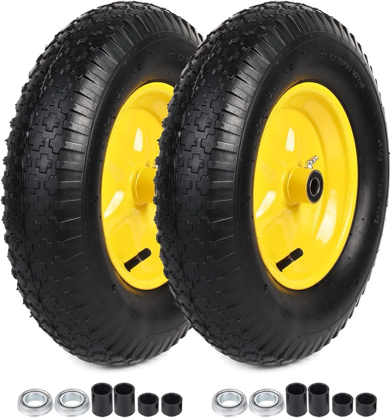 AR-PRO (2-PACK) 4.80/4.00-8" Tire and Wheel, 16" Pneumatic Tire Wheels with 3/4" Bearings and 3" Centered Hub for Wheelbarrow, Hand Truck, Garden Carts, Yard Wagon Dump Cart (Extra 5/8" Bearings)