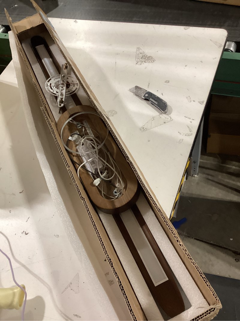 Condition photo showing As Is for 39" Wood Linear Pendant Light LED Dimmable Hanging Light Dinning Room Light Fixture Island Lights 24w for Dining Room Kitchen Island Bar Walnut Color Walnut 39in