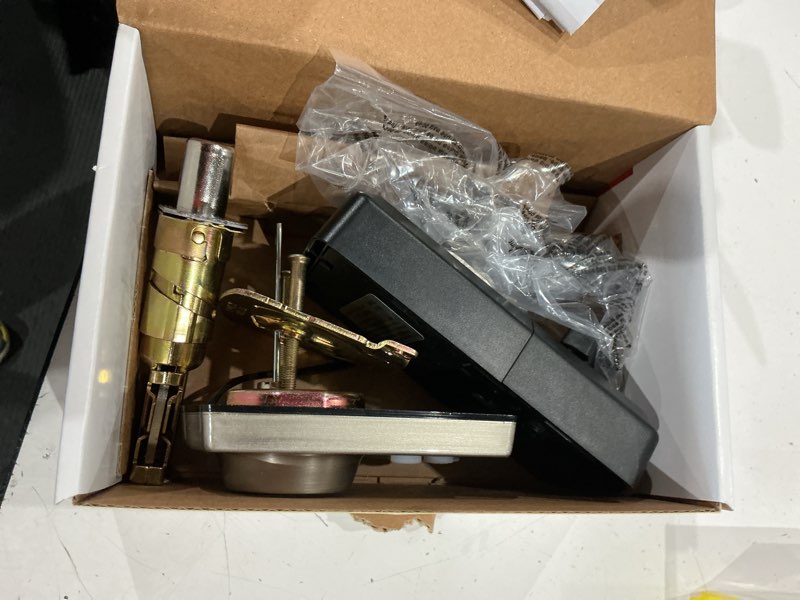 Condition photo showing As Is for kwikset powerbolt 240 5-button keypad satin nickel traditional electronic deadbolt door lock, featuring convenient keyless entry, customizable user codes and auto-locking