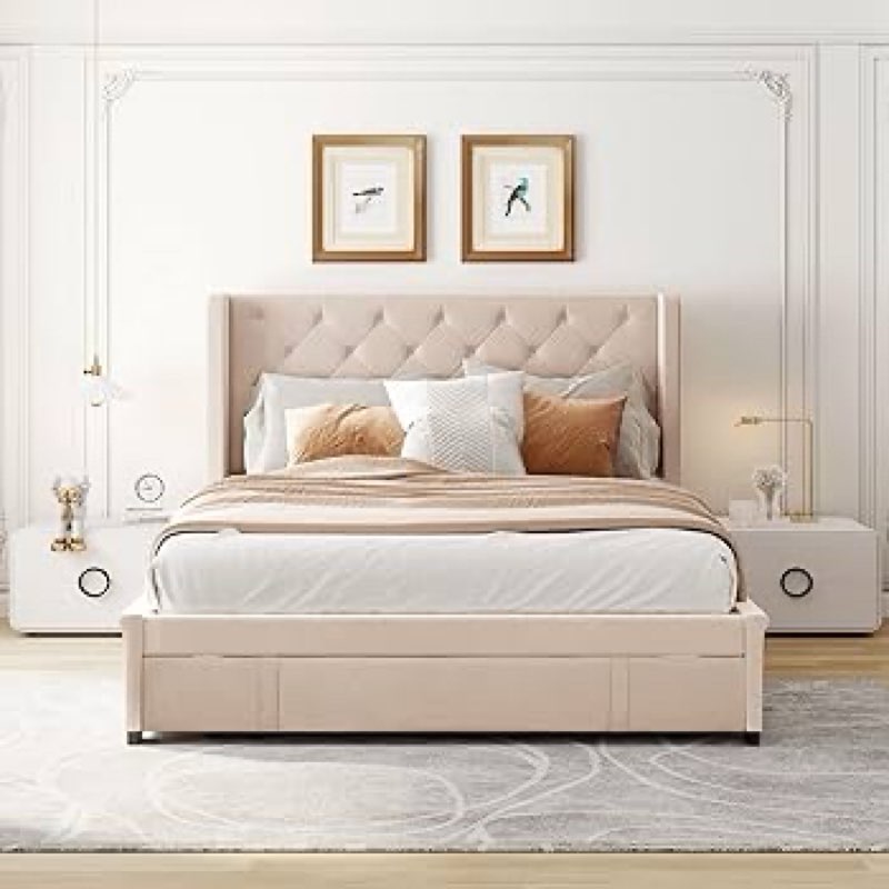 Queen Size Storage Bed Velvet Upholstered Platform Bed with Wingback Headboard and a Big Drawer box 1 of 2 