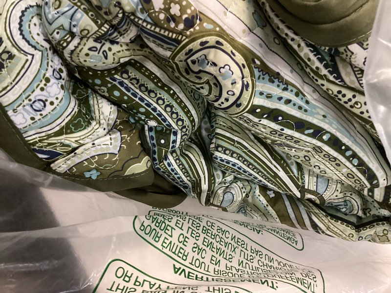 Condition photo showing As Is for djy green paisley quilt set queen size boho bedspread coverlet set 3 pieces, soft lightweight microfiber dark olive green paisley floral pattern bedding set for all season, 96"x90" queen green