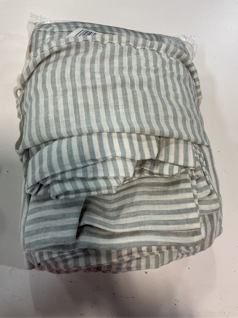 Condition photo showing New/Like New for european linen stripe duvet cover set, king/cal king, mist/white stripe