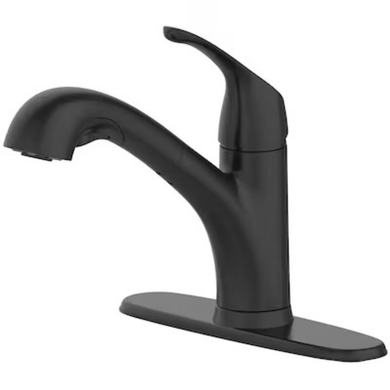 project source everfield matte black single handle deck-mount pull-out kitchen faucet with sprayer (includes deck plate)