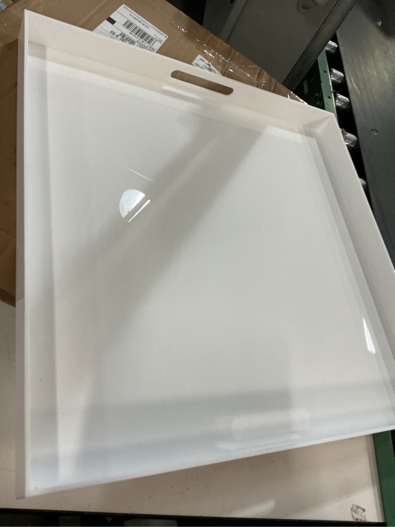 Condition photo showing Good Condition for Oversize Extra Large King Size Bed Tray for eating Big Glossy White Acrylic Serving Tray with Handles 24x24 Inch -Spill Proof- Decorative Countertop Organizer for Ottoman,Bed,Party, Butler Tray Glossy White 24" x 24" x 2"