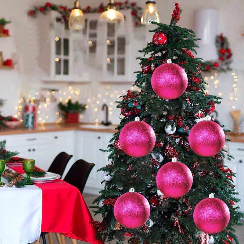 zubebe 6 pcs 8\\\" extra large outdoors christmas balls ornaments jumbo oversized christmas tree decorations giant hanging xmas plastic balls ornaments for lawn yard decoration(pink glitter)