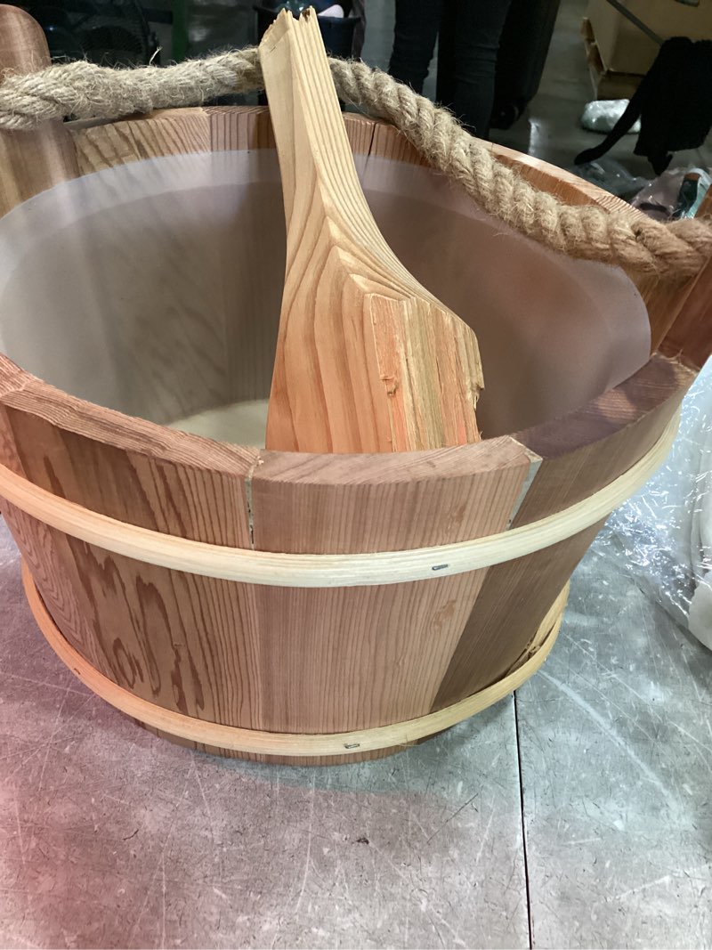 Condition photo showing As Is for sauna bucket and ladle set - handmade from canadian red cedar wood - natural rope handle - 1 gallon (4 liters) water capacity
