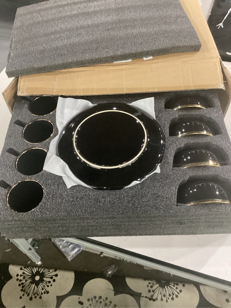 Condition photo showing Good Condition for 16-piece black and gold dinnerware set for 4, elegant porcelain plates and bowls set with golden rim, modern luxury tableware service, complete dish set for home dining and gifts black and gold trim