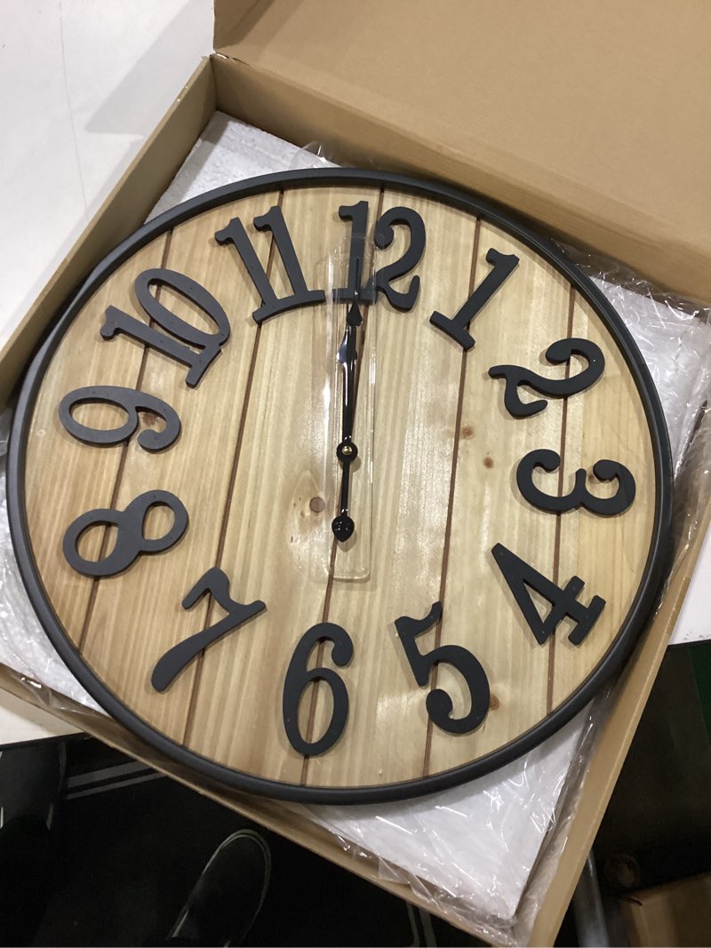Condition photo showing New/Like New for large wall clock 20in, silent metal wood style wall clocks battery operated for living room decor, farmhouse big wall clock, outdoor wood-arabic 20in