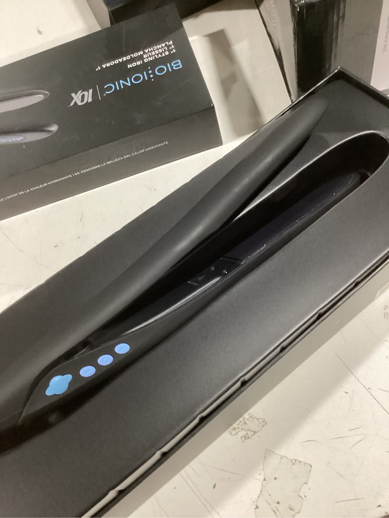 Condition photo showing Good Condition for bio ionic 10x styling iron, hair straightener with 1" sonic vibrating plates, flat iron with ion generating mineral complex, versatile styler for wavy & straight hairstyles black 1 inch