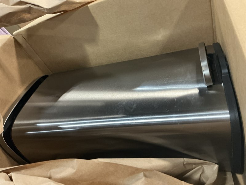 Condition photo showing As Is for Amazon Basics Smudge Resistant Rectangular Trash Can With Soft-Close Foot Pedal, Brushed Stainless Steel, 30L/7.9 Gal, 13.8x11.8x25 in, Satin Nickel Finish Satin Nickel Middle, 30L/7.9 Gal