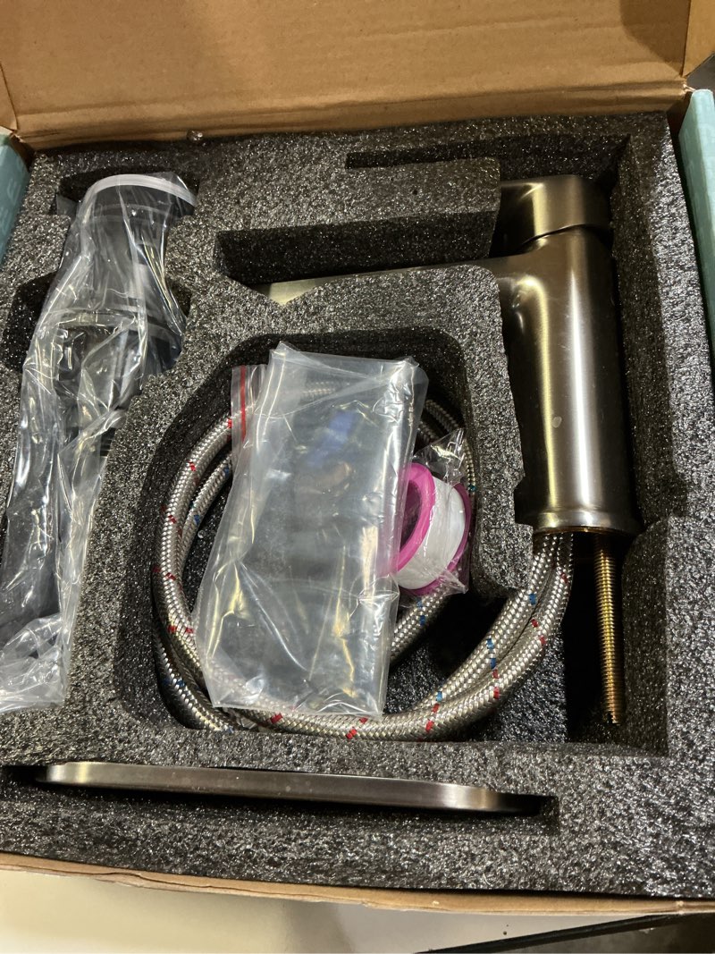 Condition photo showing New/Like New for belz brushed nickel bathroom faucet, modern single handle one hole bath vanity sink faucet with pop up drain and deck plate for 1 or 3 holes