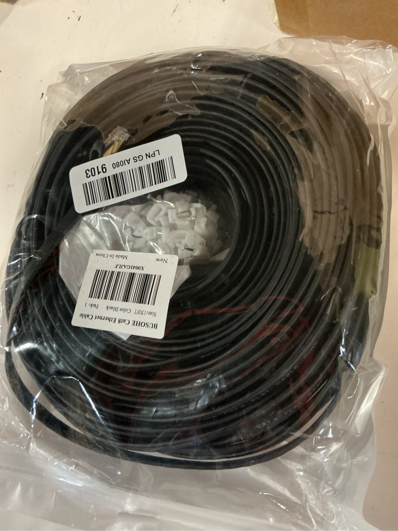 Condition photo showing Good Condition for busohe cat 8 ethernet cable 150 ft, 40gbps 2000mhz cat8 high speed flat internet network patch cord, shielded lan wire with gold plated rj45 connector for outdoor indoor, with clips - 150ft black