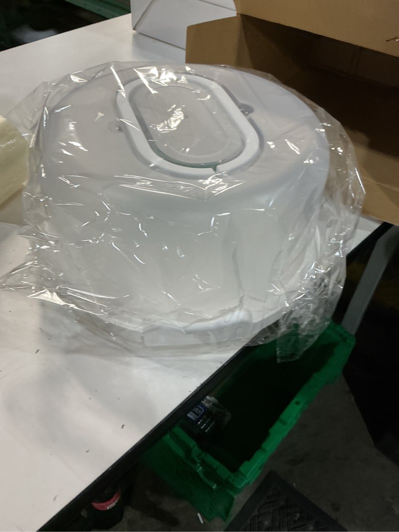 Condition photo showing New/Like New for top shelf elements round cake carrier two sided cake holder serves as five section serving tray, portable cake stand fits 10 inch cake, cake box comes with handle, cake container holds pies (white)
