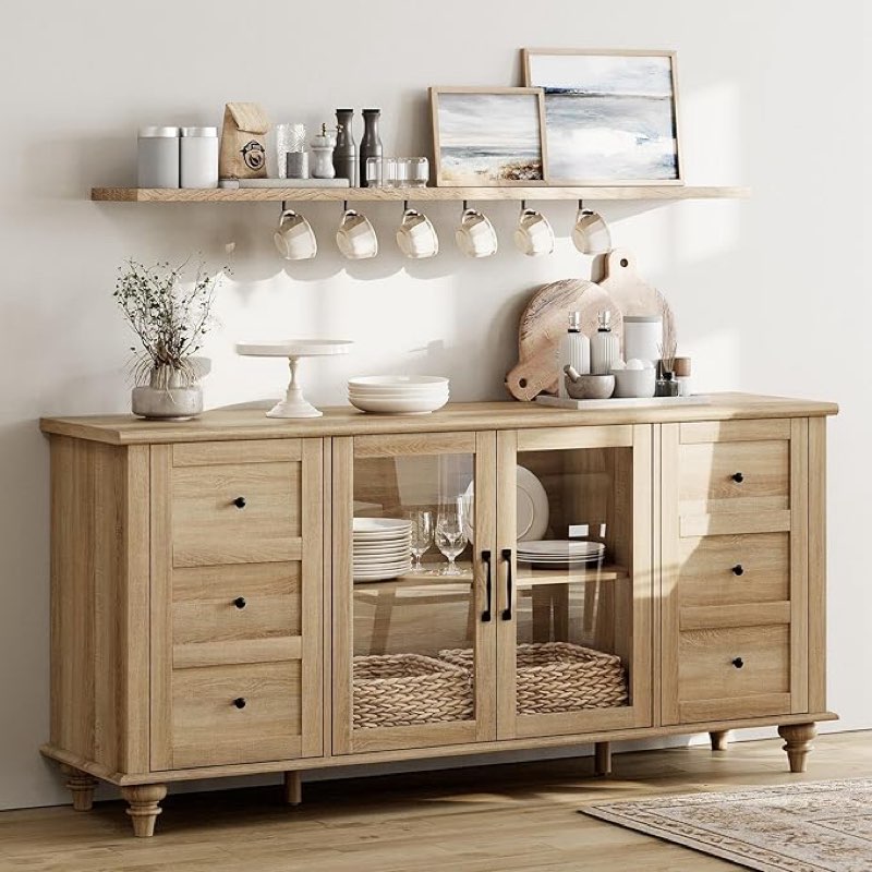 WAMPAT Farmhouse Sideboard Buffet Cabinet with Glass Door & Adjustable Shelf, Wooden Coffee Bar Table with Solid Wood Leg, Kitchen Storage Cabinet for Dining Room, Oak, 58 Inch Visit the WAMPAT Store