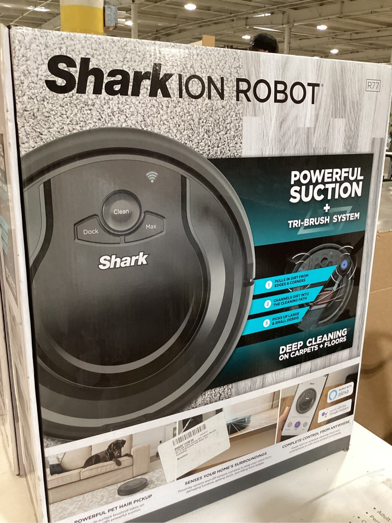 Condition photo showing As Is for shark ion robot a753, robotic vacuum, wi-fi connected, 120min runtime, compatible with alexa, multi-surface cleaning (renewed)