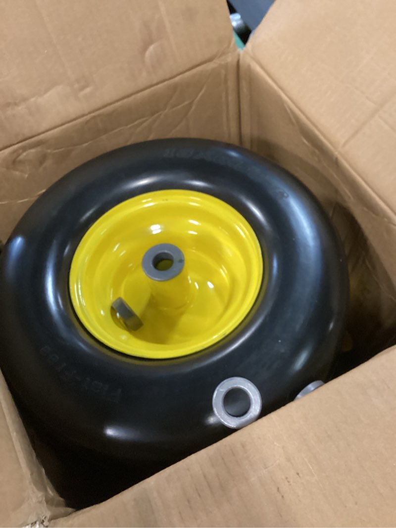 Condition photo showing As Is for 13x6.50-6 flat free tire and wheel with rim,universal 13x6.5-6 solid smooth rubber zero-turn lawn mowers tire,5.5"-7.72”centered hub and 3/4" extra 5/8" 1/2” bushings(yellow)