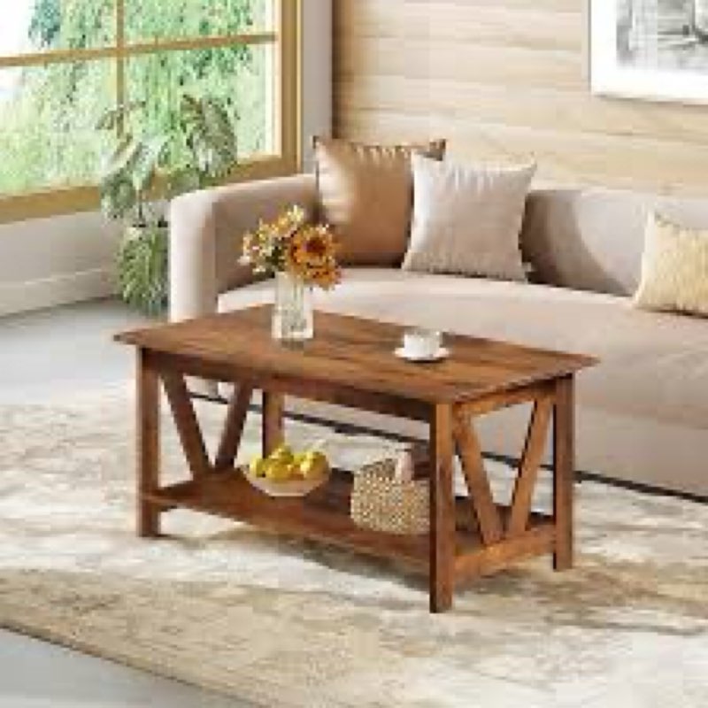 WLIVE Coffee Table with Storage Shelf, 39.4" Farmhouse Coffee Table with V-Frame Support, 2-Tier Woo