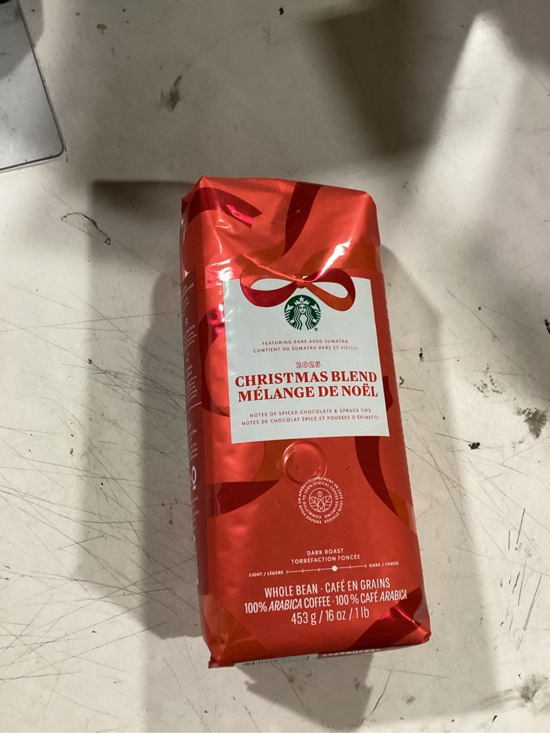 Condition photo showing New/Like New for starbucks christmas blend whole bean coffee 16oz, dark roast 100% arabica, rich spiced chocolate & spruce notes, limited holiday edition, bold, festive flavor from sumatra & latin america