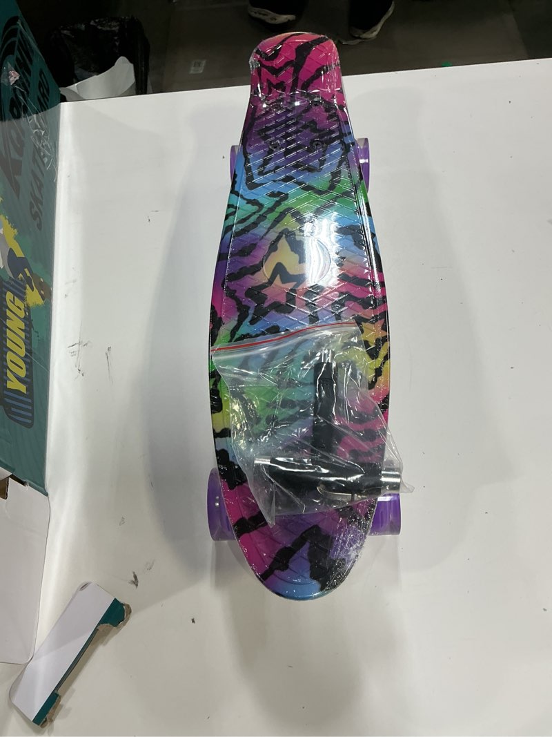Condition photo showing New/Like New for Skateboards, 22" Complete Skateboard, Mini Cruiser Skateboard for Kids Boys Girls Teens Beginners with Colorful Flashing Wheels Skate Tool, Kids Children's Day Gift Purple Stars