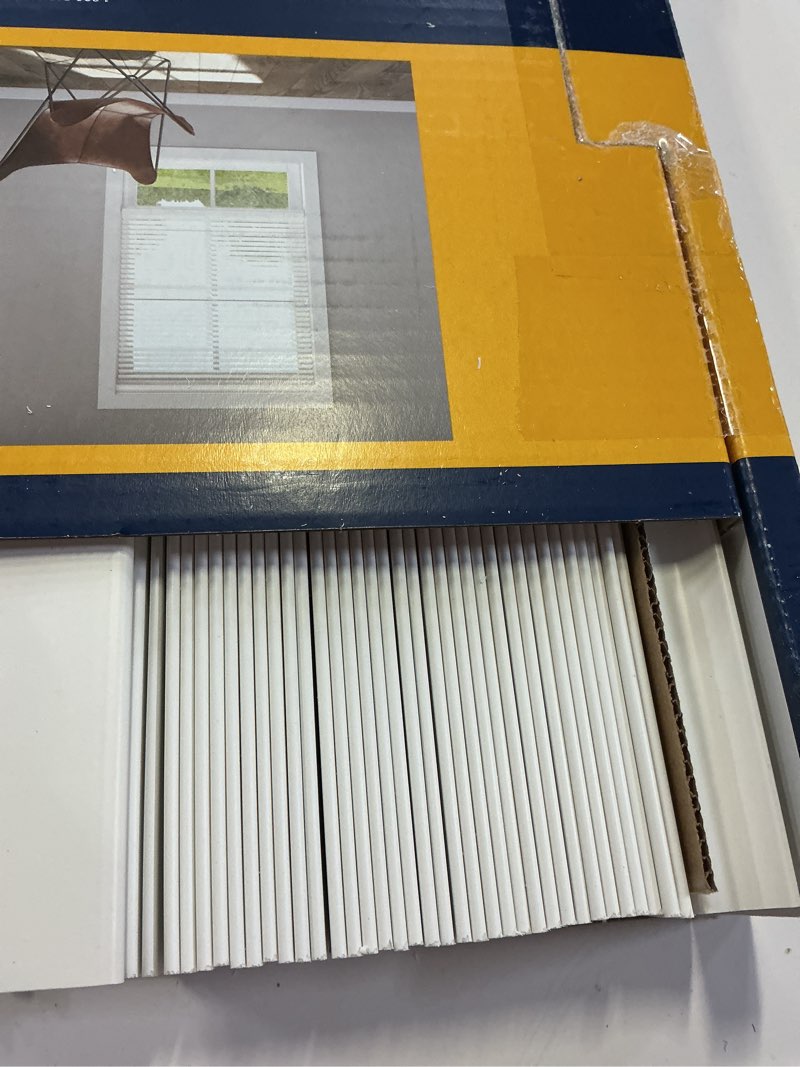 Condition photo showing As Is for levolor trim+go 2-in slat width 23-in x 64-in cordless white faux wood room darkening horizontal blinds