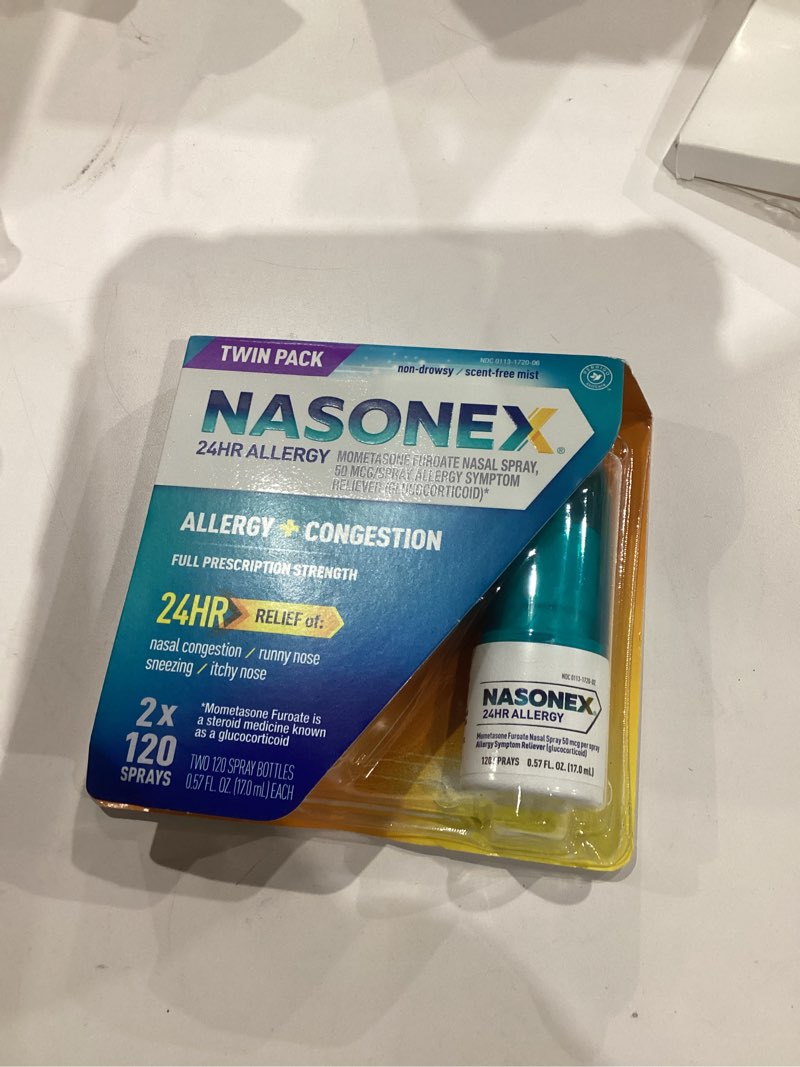 Condition photo showing New/Like New for Nasonex 24HR Allergy Nasal Spray, Non-Drowsy, Scent-Free Mist, Allergy Symptoms + Nasal Congestion, Full Prescription Strength, 120 Sprays, 2 Pack 120 Spray - Adult - 2 Pack