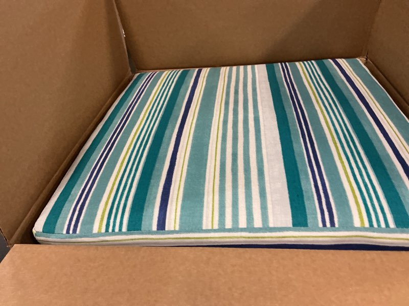 Condition photo showing Good Condition for arden outdoor deep seat cushion set (2-pack), 24 in x 24 in, weather-proof, rain-proof, fade resistant patio cushion for chair, sofa, and couch teal cobalt stripe polyfill teal cobalt stripe 2 pack