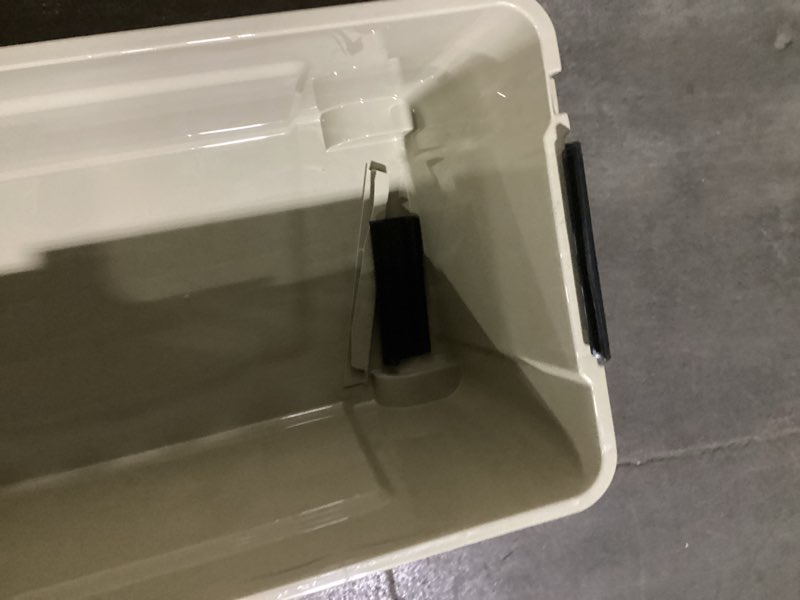 Condition photo showing As Is for project source large 42.3 -gallons ( 169 -quarts ) khaki yellow/solid heavy duty rolling stackable