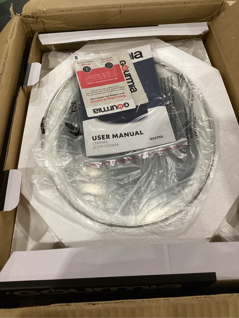 Condition photo showing New/Like New for gourmia slow cooker - 7 quart removable ceramic pot, manual controls with 3 temperature settings, dishwasher safe crock and glass lid, gray