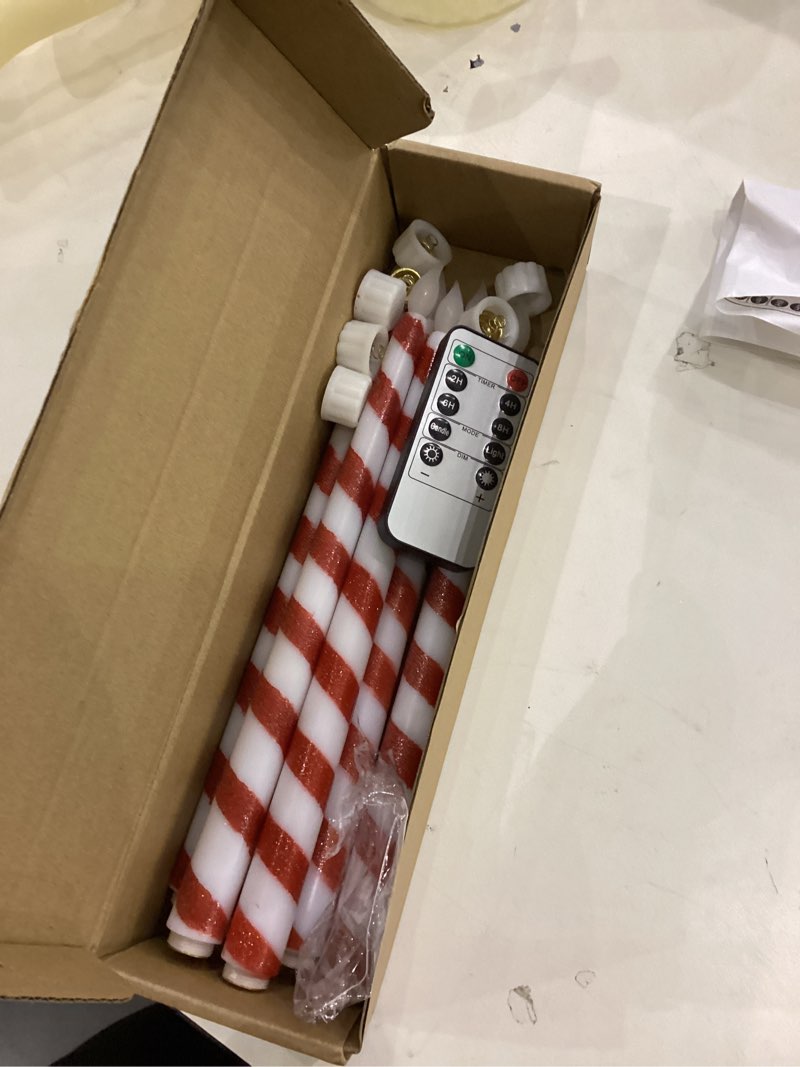 Condition photo showing Good Condition for 8Pcs 10in Christmas Flameless Taper Candles Sticks with Remote & Timer Battery Operated 3D Flickering Glitter Candy Cane Candlesticks LED Xmas Candles for Holiday Party Decor (Glitter)