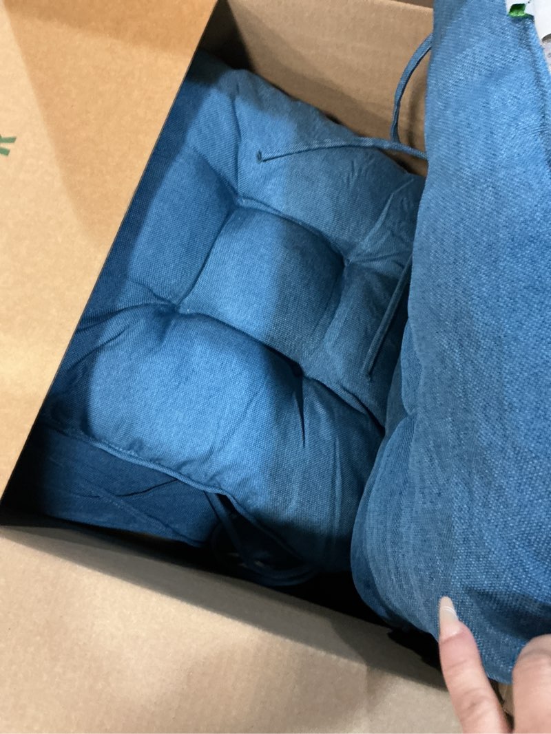 Condition photo showing As Is for love's cabin memory foam chair cushions set of 4, 15.5"x15.5"x3.5" indoor & outdoor seat pads for dining, kitchen, office, patio chairs - blue blue 15.5"x15.5"x3.5" (4 pack)