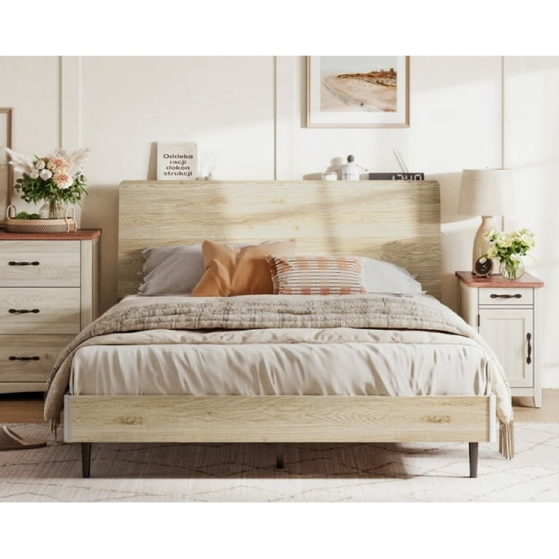 INCOMPLETE, DAMAGED AND MISSING PARTS AS IS!  Linsy Home Wood Full Bed Frame With Ergonomic Headboard, No Box Spring Needed, Off-white